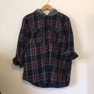 Plaid flannel button up with heather grey hood